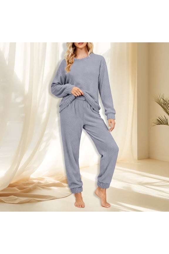 Women's Solid Color Double Sided Short Fleece Pajama Set, Soft Winter Loungewear, Warm Plush Home Wear Outfit, Premium Two Piece Sleepwear Set, Cozy Comfort Pajamas Blue XXL