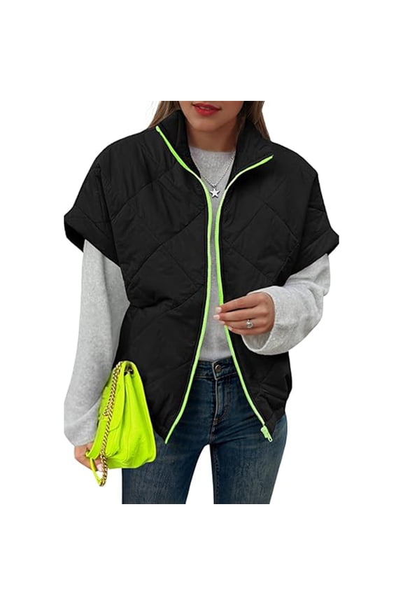 Women's Solid-Color Down Vest Jacket, Sleeveless Puffer Gilet for Lightweight Insulation and Versatile Layering in Fall and Winter,Black,L