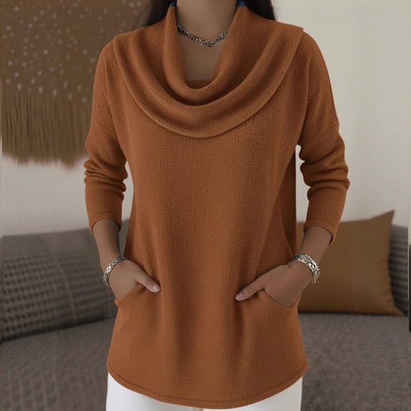 Women's Solid Color Draped Cowl Neck Blouse, Long Sleeve Casual Top with Pockets, Soft Flowy Pullover, Everyday Comfort Wear, Stylish Relaxed Fit, Versatile Daily Essential Coffee XXXL