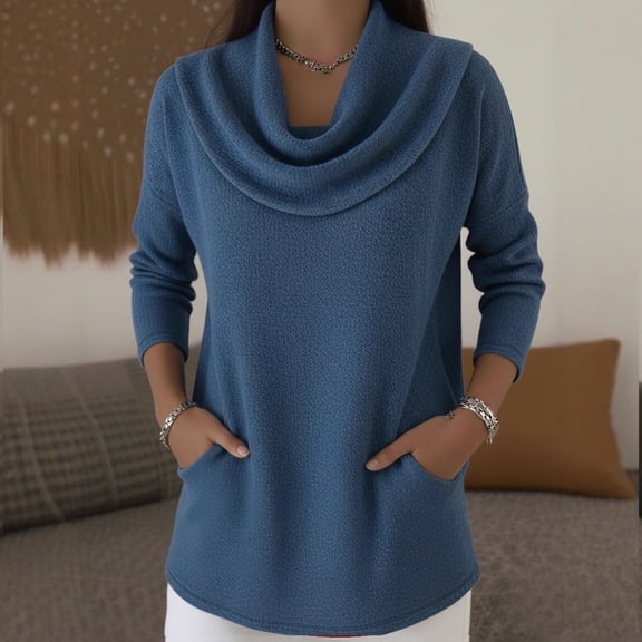 Women's Solid Color Draped Cowl Neck Blouse, Long Sleeve Casual Top with Pockets, Soft Flowy Pullover, Everyday Comfort Wear, Stylish Relaxed Fit, Versatile Daily Essential Blue M
