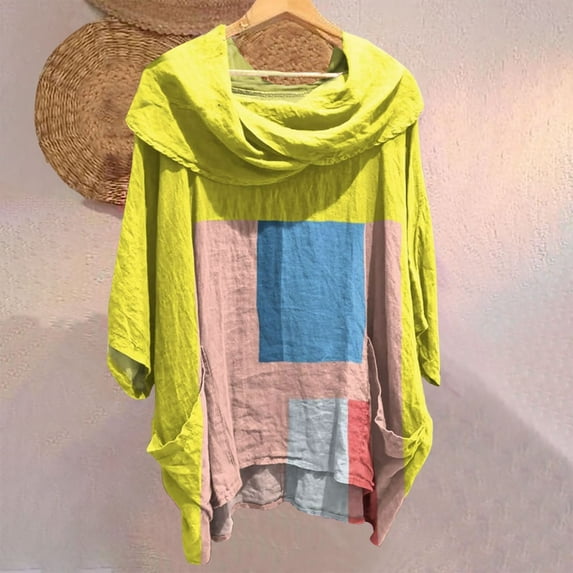 Women's Solid Color Draped Neck 3/4 Sleeve Comfortable Casual Linen Feel Top – Soft, Lightweight, Stylish, and Durable Polyester Blend with Pockets