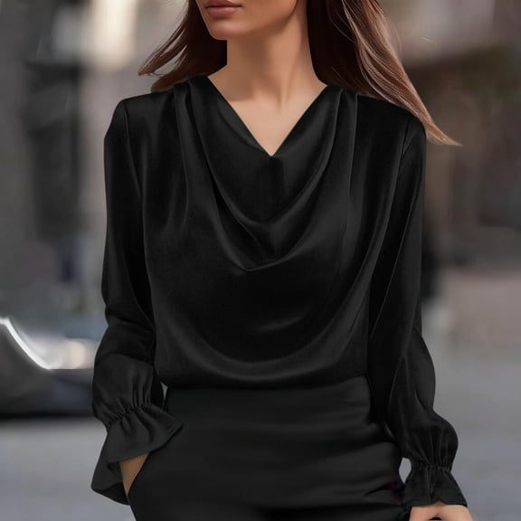Women's Solid Color Draped V Neck Blouse, Ruffle Cuff Long Sleeve Satin Shirt for Work Office, Casual Daily Wear and Night Out Tops Black S