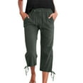 thumbnail image 1 of Women's Solid Color Drawstring Cropped Linen Pants - Casual Capri Trousers, Polyester Blend, Adjustable Fit for Warm Weather, 1 of 8