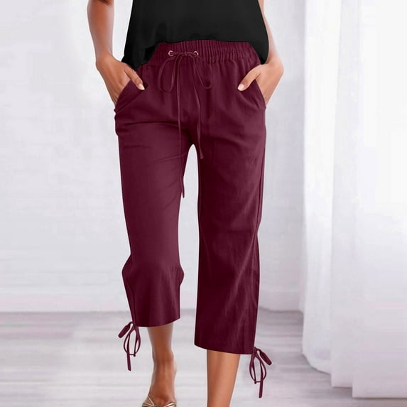 Hauaitttt Women's Solid Color Drawstring Cropped Linen Pants Casual Capri TrousersTrousers Women Pants Casual Elastic Waist Straight Leg Womens plus Size Pants Casual Work Linen Womens Casual Pants