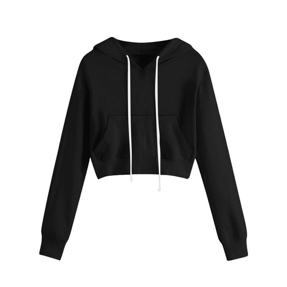 Women's Solid Color Drawstring Hooded Crop Sweatshirt with Pocket, Long Sleeve Casual Fashion Top for Daily Wear, Travel, Home, Vacation, Streetwear, Loungewear Black M