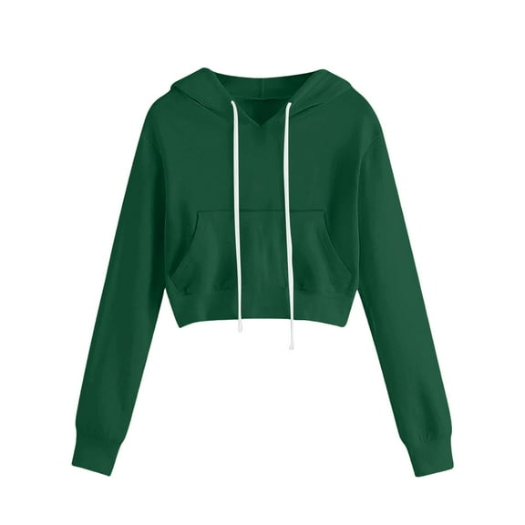 Women's Solid Color Drawstring Hooded Crop Sweatshirt with Pocket, Long Sleeve Casual Fashion Top for Daily Wear, Travel, Home, Vacation, Streetwear, Loungewear Green M
