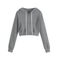 thumbnail image 1 of Women's Solid Color Drawstring Hooded Crop Sweatshirt with Pocket, Long Sleeve Casual Fashion Top for Daily Wear, Travel, Home, Vacation, Streetwear, Loungewear Grey L, 1 of 4