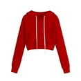 thumbnail image 1 of Women's Solid Color Drawstring Hooded Crop Sweatshirt with Pocket, Long Sleeve Casual Fashion Top for Daily Wear, Travel, Home, Vacation, Streetwear, Loungewear Red S, 1 of 4