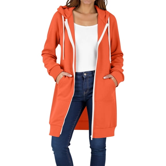 Women's Solid Color Drawstring Hooded Zip Up Sweatshirt, Mid-Length Plush Lined Long Sleeve Jacket, Autumn Winter Thermal Outerwear with Pockets for Casual Streetwear and Daily Comfort Orange L