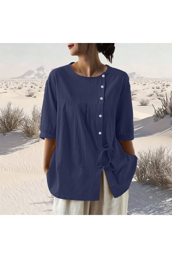 Women's Solid Color Drawstring Top with 3/4 Sleeves and Round Neck for Spring and Summer
