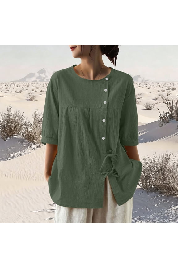 Women's Solid Color Drawstring Top with 3/4 Sleeves and Round Neck for Spring and Summer