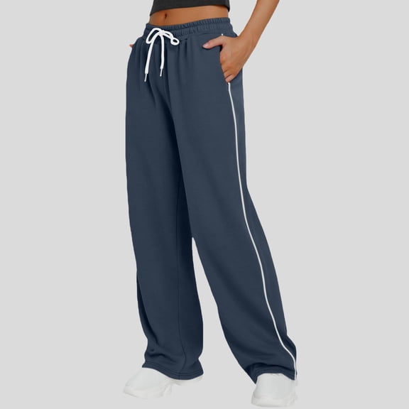 Women's Solid Color Drawstring Waist Wide Leg Sweatpants, Elastic Loose Fit Casual Pants, Lounge Pants for Women, Athleisure Wear and Everyday Outfits Navy S