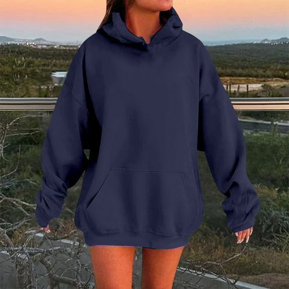 Women's Solid Color Drop Shoulder Hoodie with Pockets Comfortable and Stylish Sweatshirt Top Sleep Hoodie Women Tunic Zipper Sweatshirts Women All Sweatshirt Tunic Hoodies Women Long Hoodies