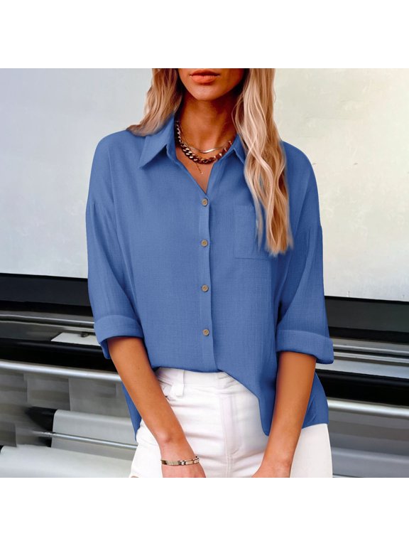 Women's Solid Color Drop Shoulder Long Sleeve Shirt, Slub Cotton Button Down Blouse with Pockets, Easy and Comfortable Casual Top for Daily Wear, Versatile Styling, and Comfortable Fashion Dark Blue