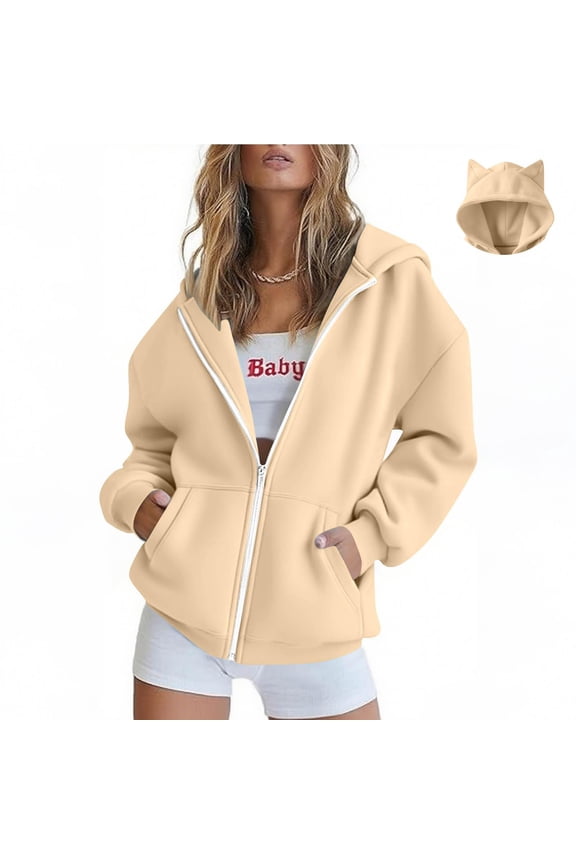 Women's Solid Color with Ear Hat Fashionable Loose Casual Long Sleeve Drop Shoulder Sweatshirt, Cute Pullover Hoodie with Animal Ears for Lounge and Home, Soft and Comfortable Fabric