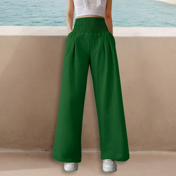 Women's Solid Color Elastic High Waist Wide Pants Casual Wide Leg Long Casual Belt Pocket Pants Set for Women Casual Sweat Track Pants Casual Pants for Women with Pockets Petite Beach Pants Petite