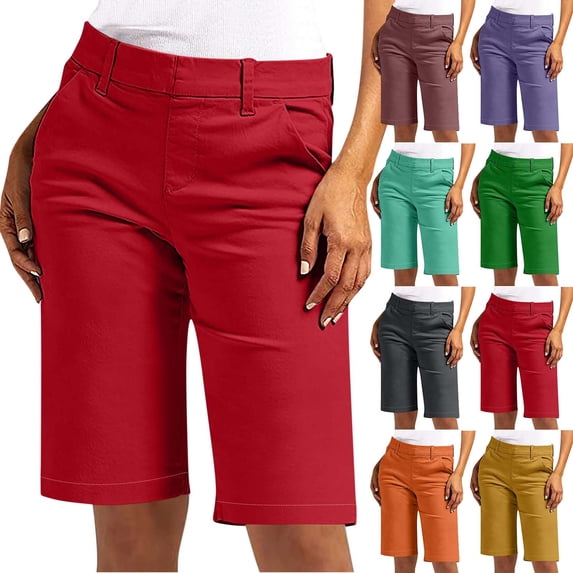 Women's Solid Color Elastic Twill Slim Waist Jumpsuit Shorts, Mid Rise Tummy Smoothing with Functional Side Pockets, Lightweight Casual Fit for Hiking, Summer Travel or | CSEONE,Blue L