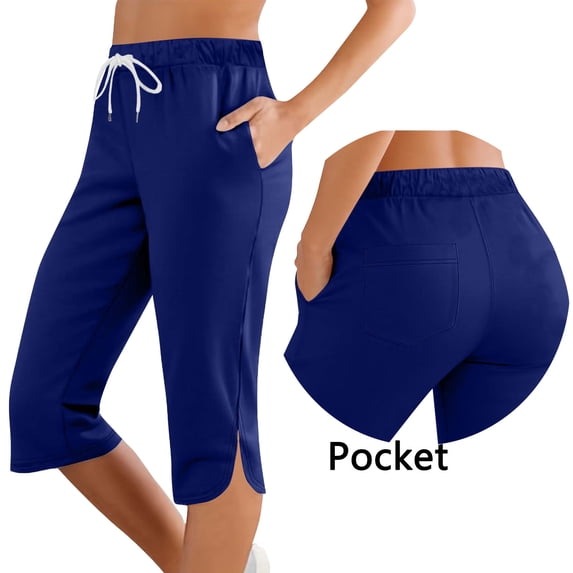 Women's Solid Color Elastic Waist Casual Capri Pants with Side Pockets for Sports and Leisure