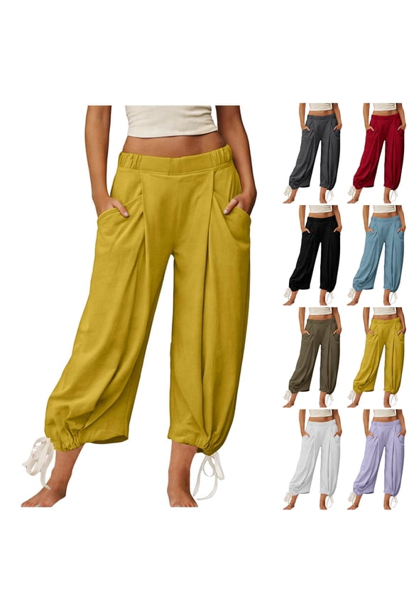 Women's Solid Color Elastic Waist Casual Pants Trousers Slacks with Pockets Full Length Stretchy Comfy Lounge Wear Office Work Travel Essentials | Aestivo,Yellow M