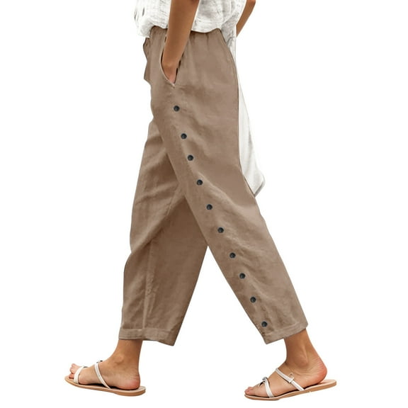 Women's Solid Color Elastic Waist Cropped Casual Pants, Polyester, with Side Buckle & Back Pockets, for Various Occasions