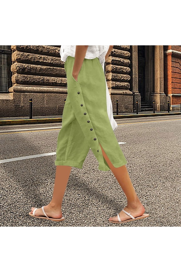 Women's Solid Color Elastic Waist Loose Fit Casual Pants with Functional Side Buttons and Three Quarter Length