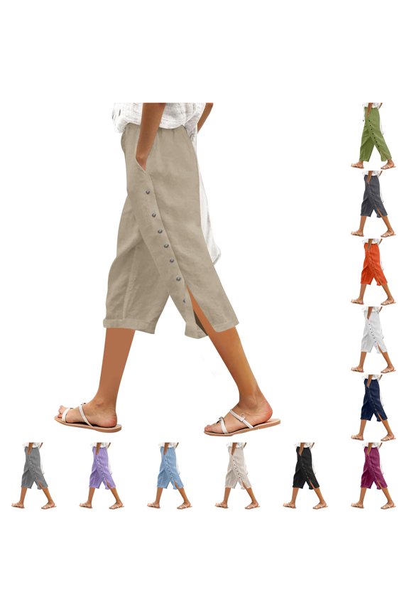 Women’s Solid Color Elastic Waist Loose Fit Side Button Functional Three Quarter Casual Pants
