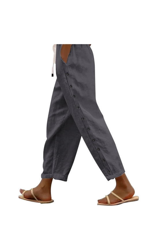 Women's Solid Color Elastic Waist Loose Side Buckle Pants - Polyester Casual Trousers with Back Pockets, S-XXL Sizes