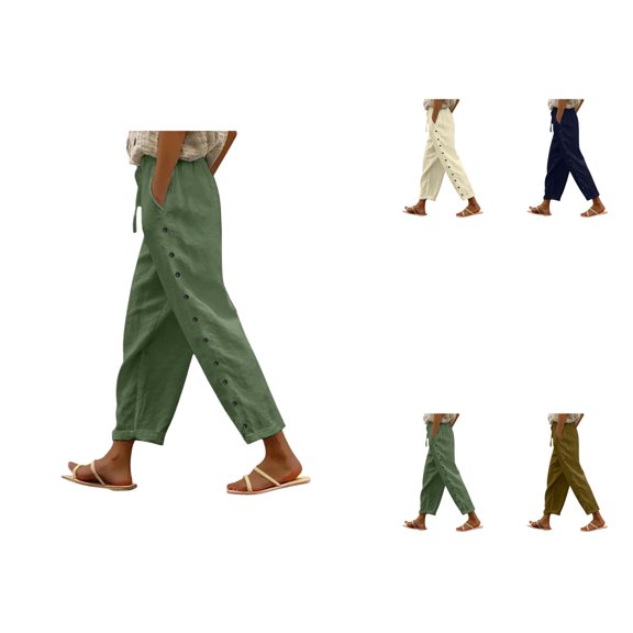 Women's Solid Color Elastic Waist Loose Side Button Casual Pants, Straight Leg Trousers with Pockets, Versatile Nine-Point Design