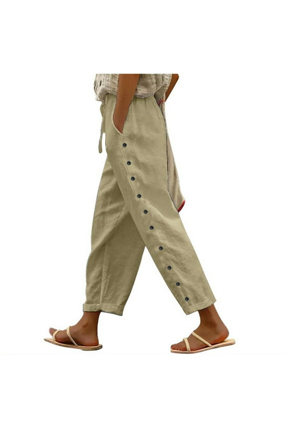 Women's Solid Color Elastic Waist Loose Side Button Decorated Casual Pants - Polyester Lightweight 9-Point Trousers for All Seasons