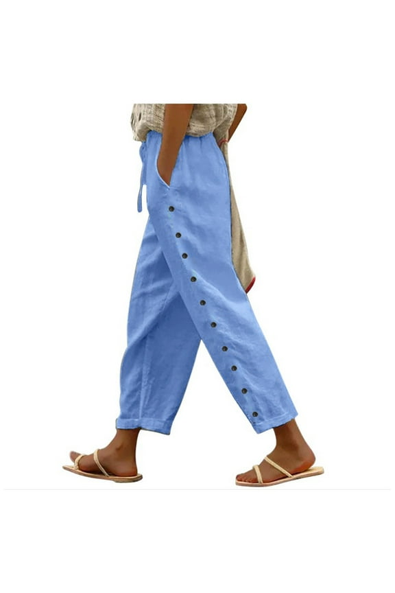 Women's Solid Color Elastic Waist Loose Side Button Decorated Casual Pants - Polyester Lightweight 9-Point Trousers for All Seasons