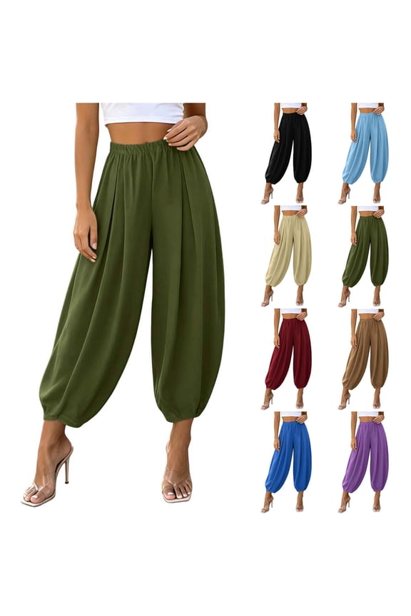 Women's Solid Color Elastic Waist Pleated Wide Leg Long Pants, Soft Stretchy Fabric, Tummy Control Flattering Fit, Casual Work, Office, Daily Wear, Comfortable Dress Pants
