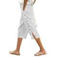 thumbnail image 1 of Women’s Solid Color Elastic Waist Side Button Three Quarter Pants - Loose Fit, Cropped Length, Polyester, Comfortable for Daily Wear - All Seasons, 1 of 4