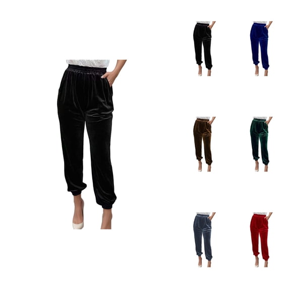 Women's Solid Color Elastic Waist Straight Casual Pants, Ankle-Length Velvet Harem Joggers for Winter, Regular Fit Velour Pants