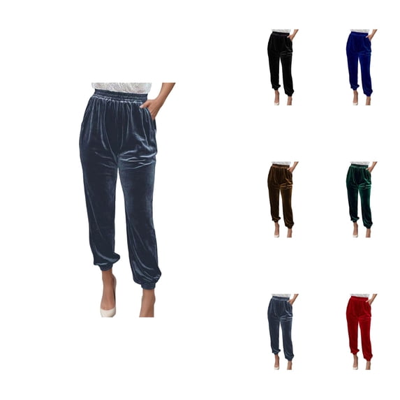 Women's Solid Color Elastic Waist Straight Casual Pants, Ankle-Length Velvet Harem Joggers for Winter, Regular Fit Velour Pants