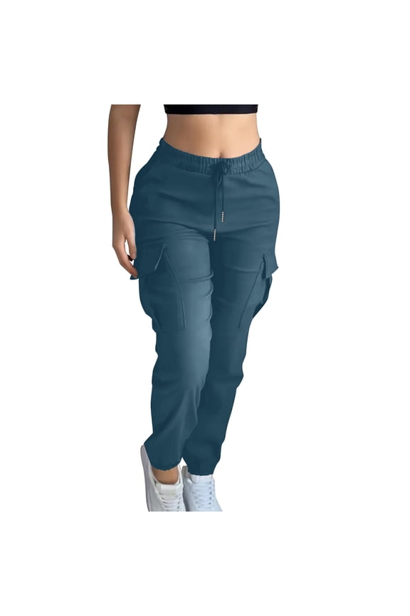 women cargo pants straight legs Women's Solid Color Elastic Waist Straight Casual Tapered Work Pants