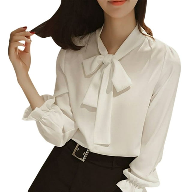 Women's Solid Color Elegant Bow Tie Neck Long Sleeve Work Office Blouse ...