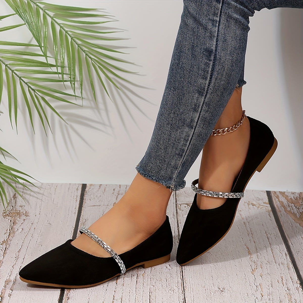 Women s Solid Color Elegant Flats Rhinestone Decor Lightweight Soft Sole Walking Ballets Point Toe Dress Shoes Walmart