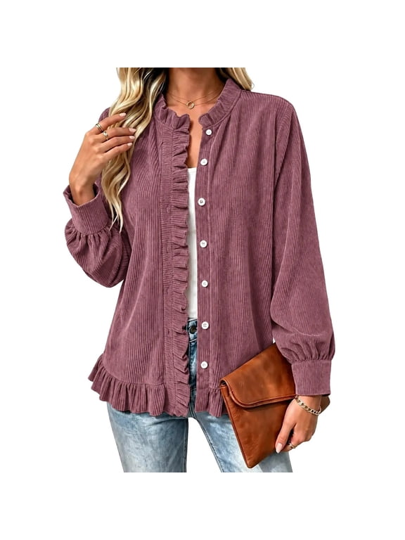 Women's Solid Color Fashion Casual Buttoned Puff Sleeve Flared Corduroy Long Sleeve Coat