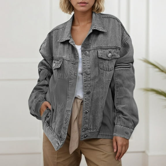 Women's Solid Color Fashion Denim Jacket With Collar Long Sleeve Womens Jean Jacket Distressed Where Is My Mind Jacket Jacket Women Denim Winter Jacket for Women Jean Cropped Jacket Denim Jackets for