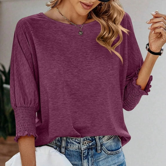Women's Solid Color Fashion Loose Round Neck Point Sleeve Long Version T Shirt Womens S Womens Solid T Shirts Loose Workout Shirts Women Womens Neck Tops Long Sleeve Medium Short Long Sleeve Shirts