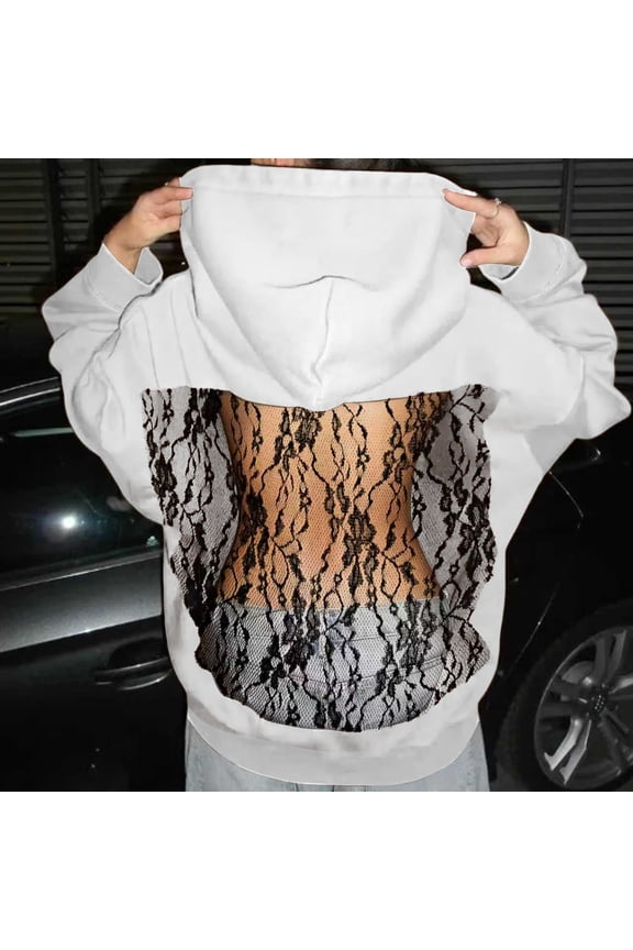 Women's Solid Color Fashionable Backless Hollow Mesh Long Sleeved Hooded Sweatshirt Sexy Crop Top for Women Trendy Streetwear Loungewear,White,M