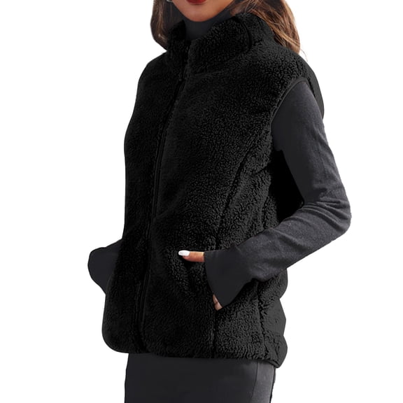 Women's Solid-Color Fashionable Fleece Vest Jacket, Sleeveless Puffer Gilet for Lightweight Warmth and Stylish Layering in Cool Weather,Black,L