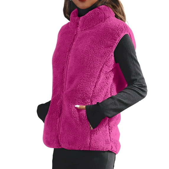 Women's Solid-Color Fashionable Fleece Vest Jacket, Sleeveless Puffer Gilet for Lightweight Warmth and Stylish Layering in Cool Weather,Hot Pink,L