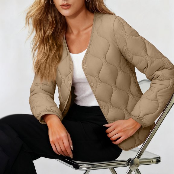 Women's Solid Color Fashionable Lightweight Down Cotton Coat Warm Collarless Jacket Khaki XL
