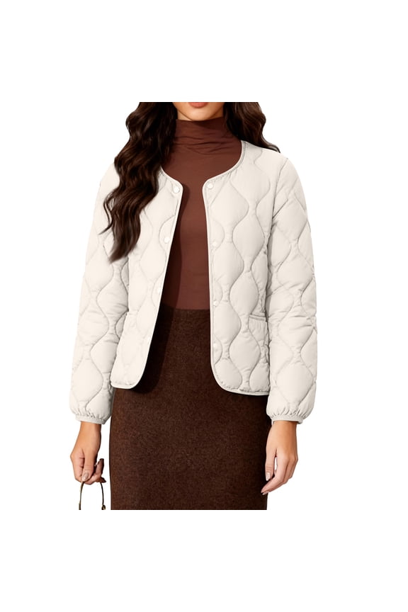 Women's Solid-Color Fashionable Lightweight Down Cotton-Padded Jacket, Warm Collarless Quilted Coat for Easy Comfort and Minimalist Style,Beige,M