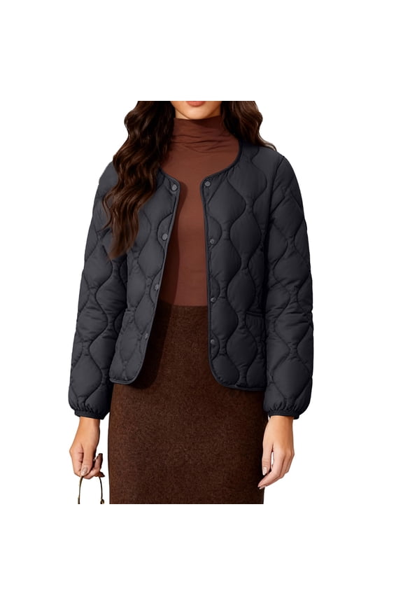 Women's Solid-Color Fashionable Lightweight Down Cotton-Padded Jacket, Warm Collarless Quilted Coat for Easy Comfort and Minimalist Style,Black,M