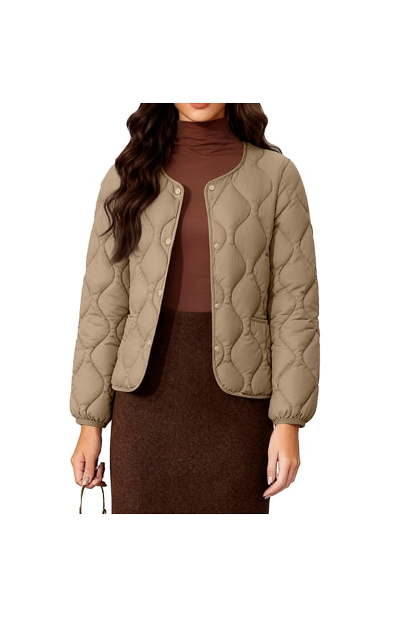 Women's Solid-Color Fashionable Lightweight Down Cotton-Padded Jacket, Warm Collarless Quilted Coat for Easy Comfort and Minimalist Style,Khaki,M