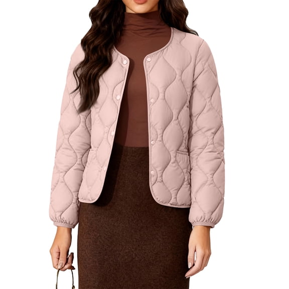 Women's Solid-Color Fashionable Lightweight Down Cotton-Padded Jacket, Warm Collarless Quilted Coat for Easy Comfort and Minimalist Style,Pink,M