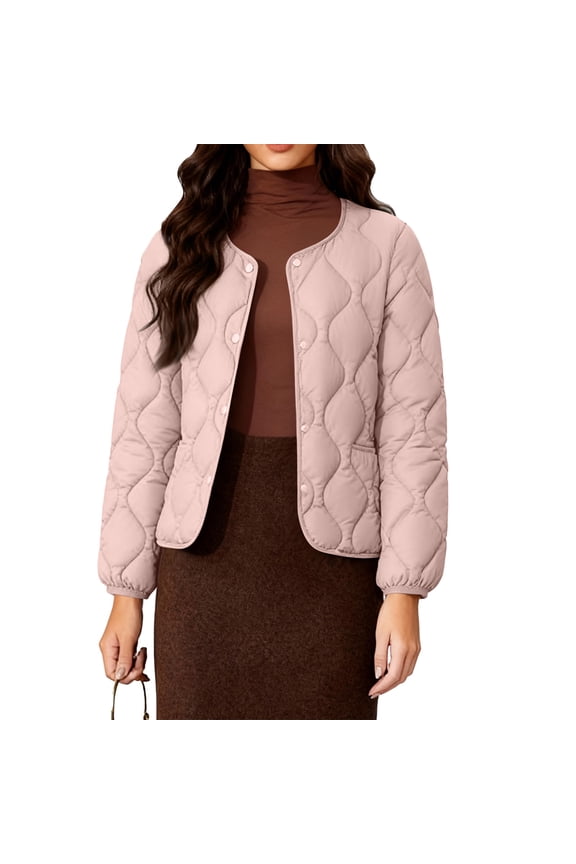 Women's Solid-Color Fashionable Lightweight Down Cotton-Padded Jacket, Warm Collarless Quilted Coat for Easy Comfort and Minimalist Style,Pink,M