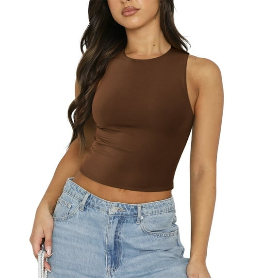 Women's Solid Color Fashionable Sleeveless Tight Fitted Round Neck Racerback Tank Top For Outerwear